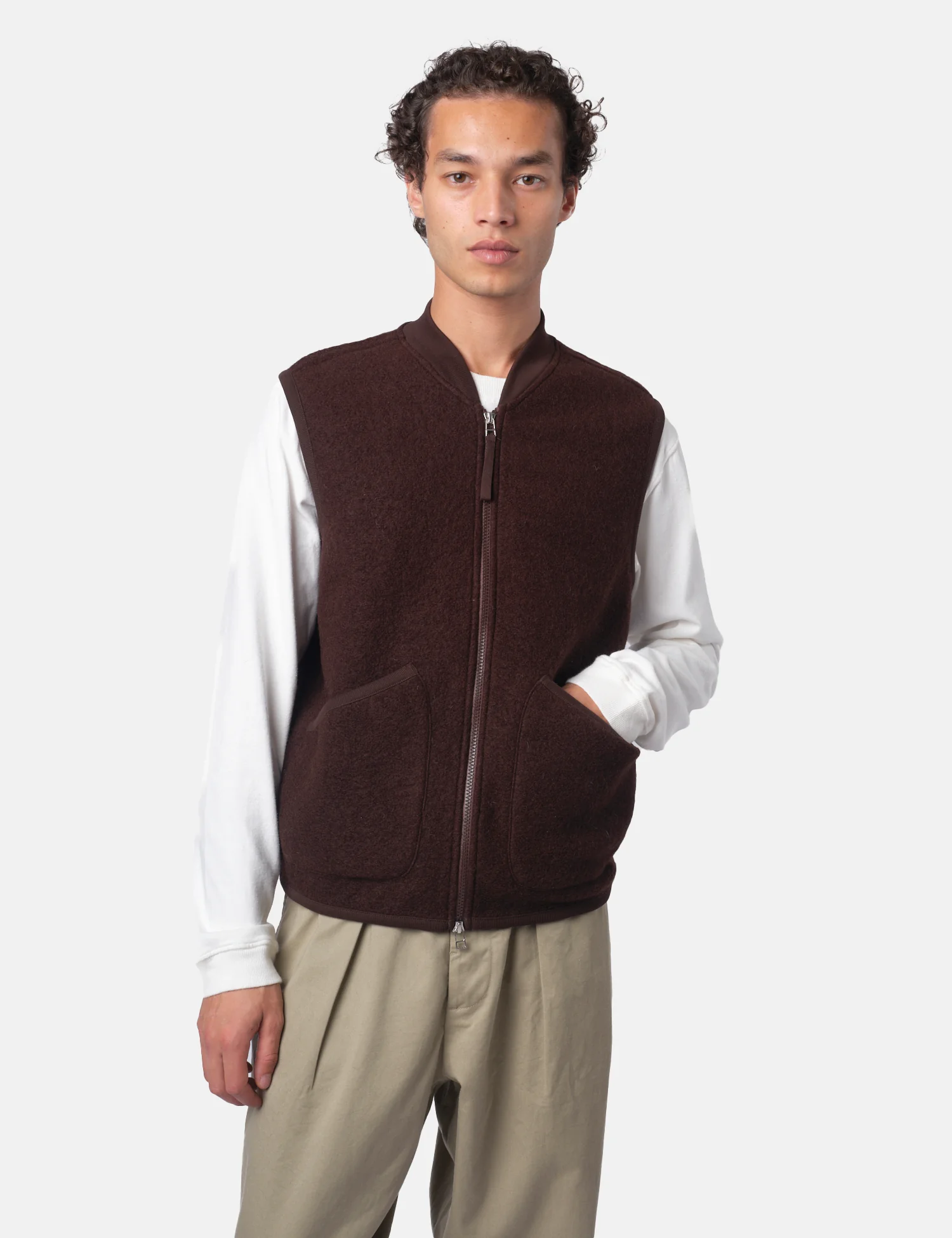 Universal Works Zip Waistcoat (Wool Fleece) - Brown - Image 6