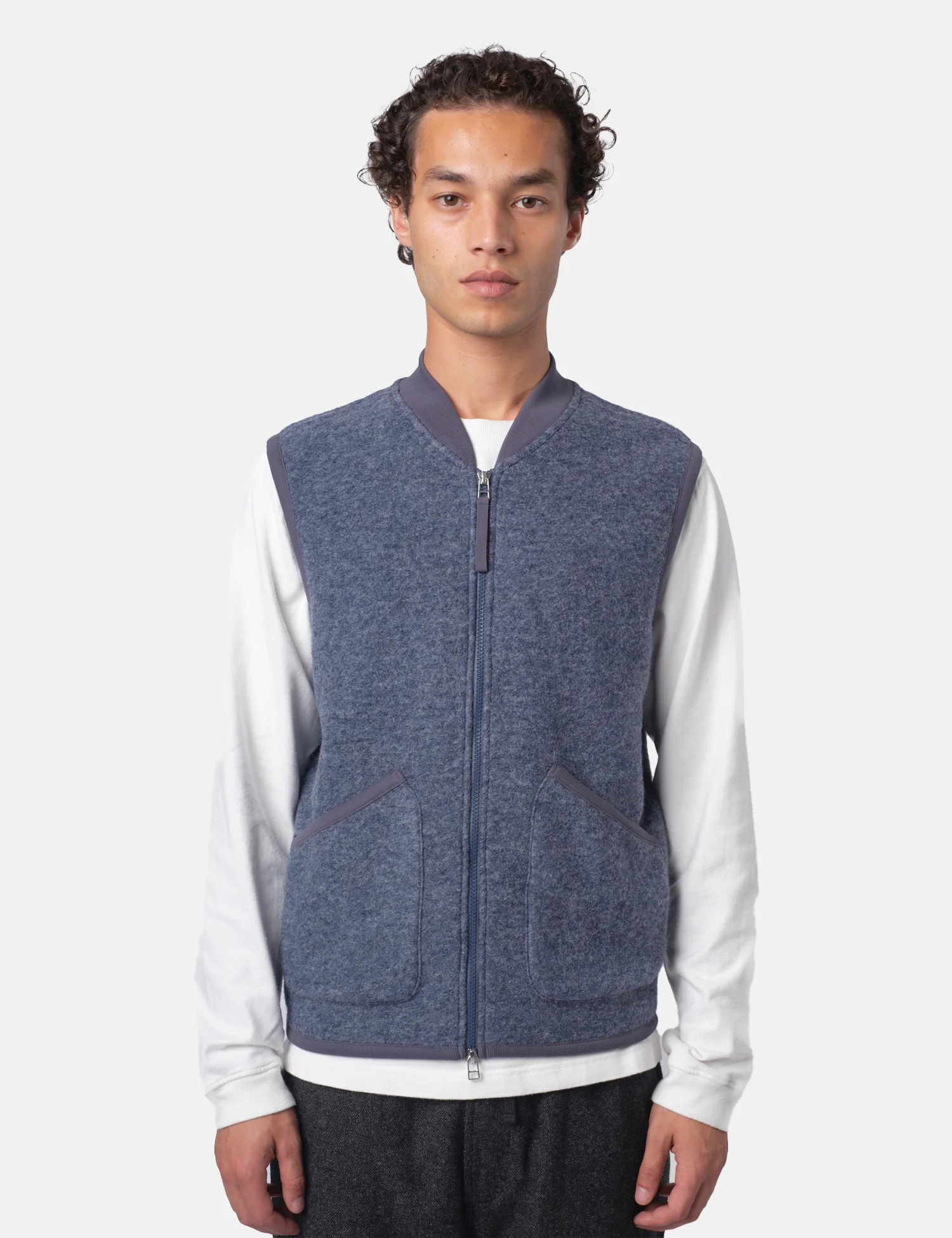 Universal Works Zip Waistcoat (Wool Fleece) - Slate Blue