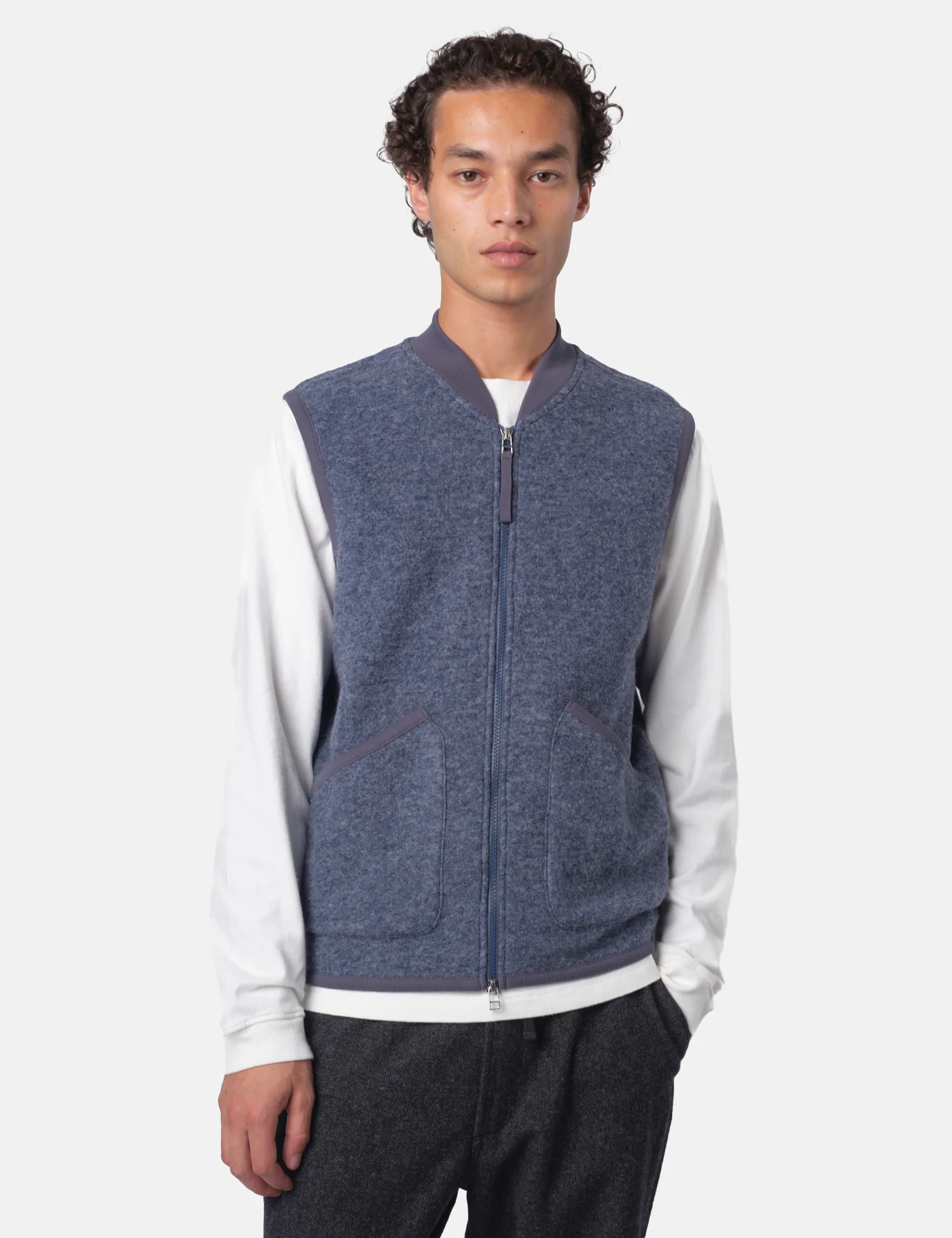 Universal Works Zip Waistcoat (Wool Fleece) - Slate Blue - Image 4