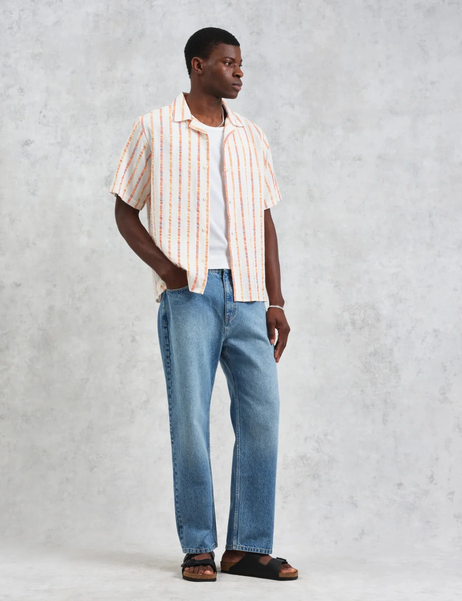 Wax London Didcot Short Sleeve Shirt (Loom Stripe) - Ecru/Orange - Image 3