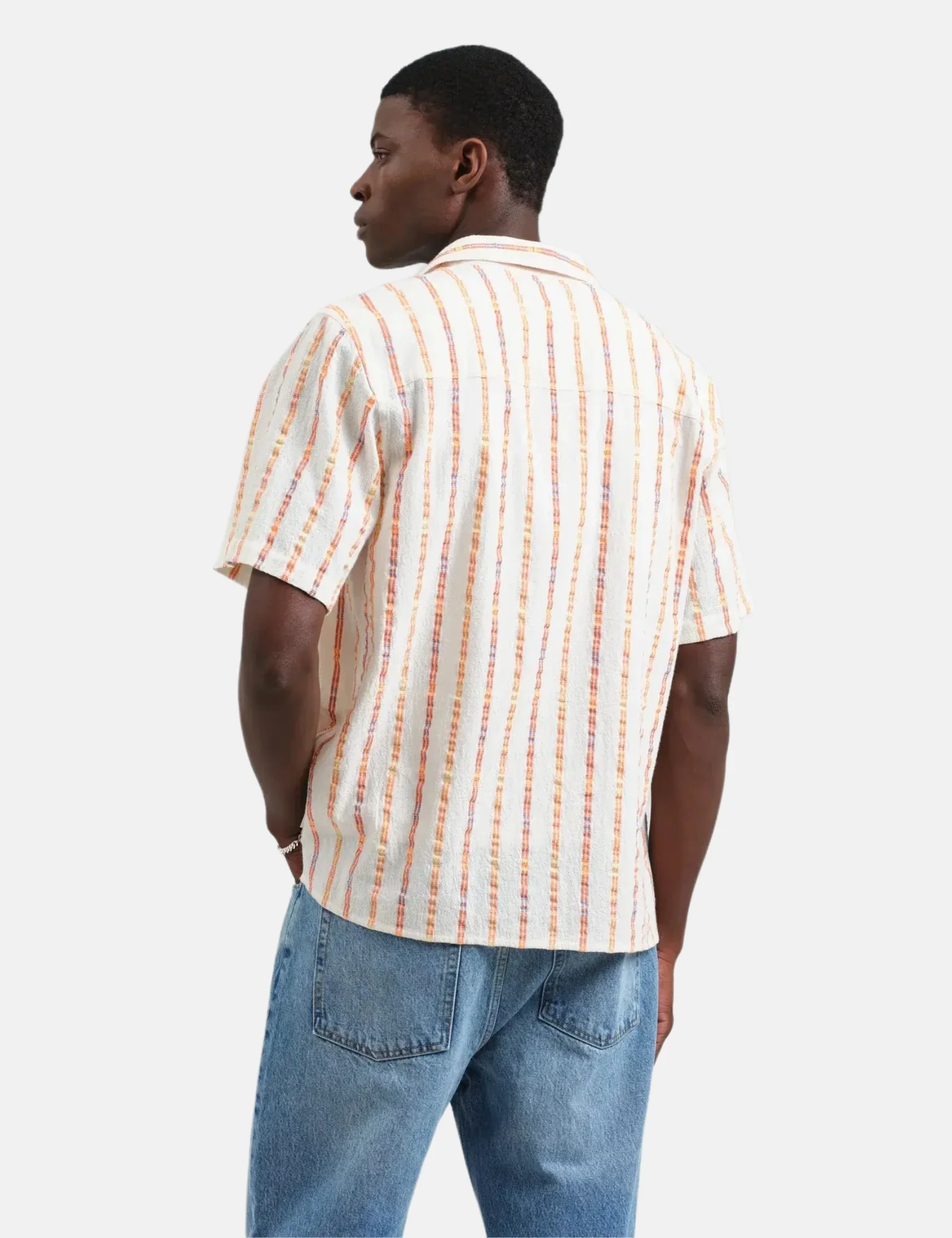 Wax London Didcot Short Sleeve Shirt (Loom Stripe) - Ecru/Orange - Image 4